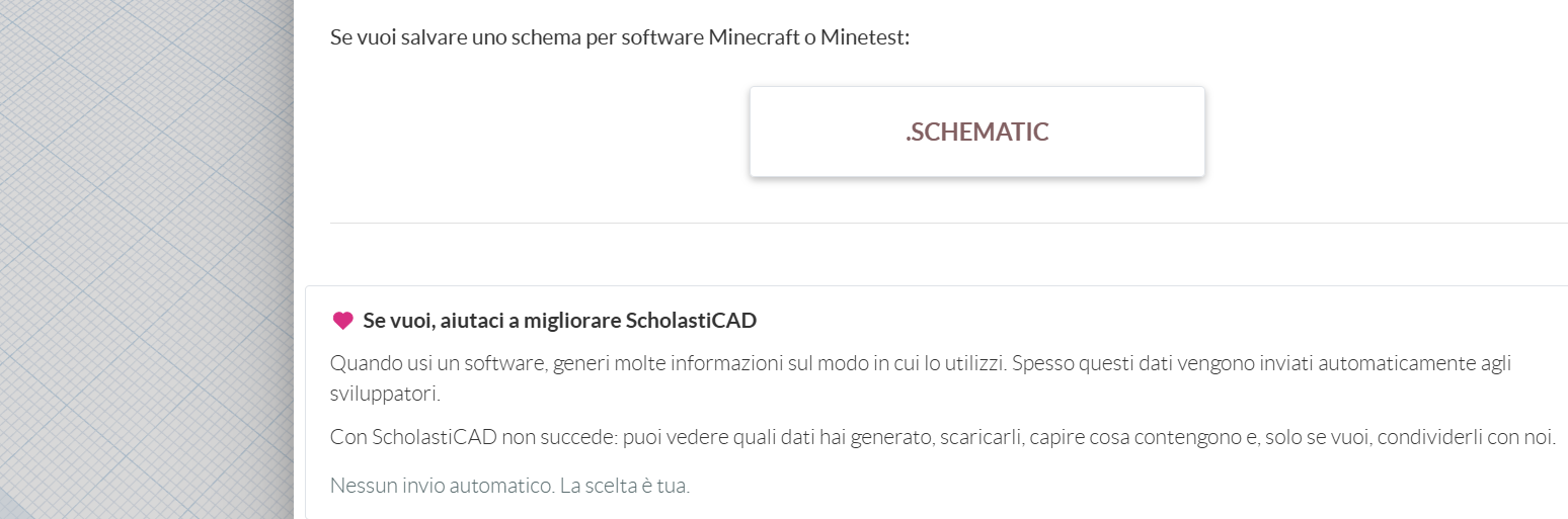 Schermata di ScholastiCAD che spiega ed esporta i dati d'uso