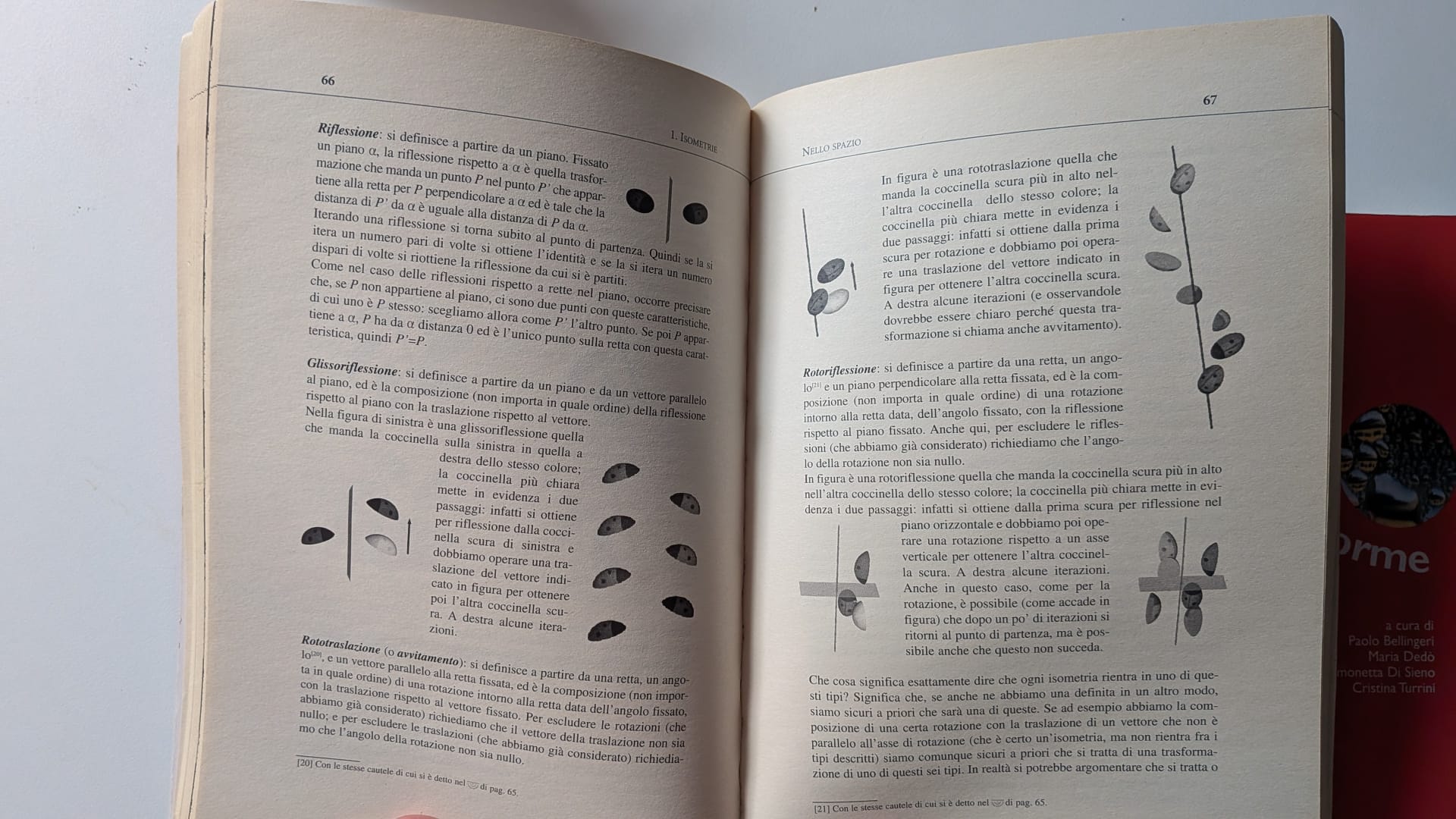 Pagine di un libro con esempi di isometrie nello spazio