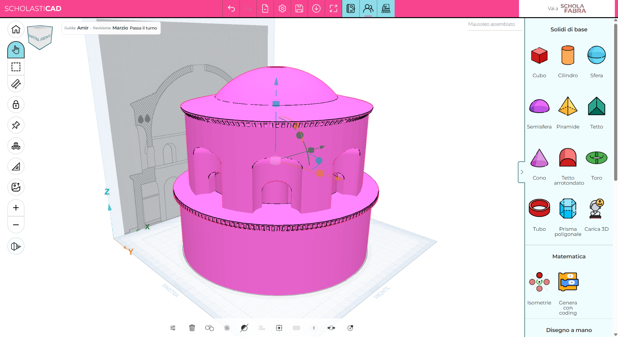 Schermata di ScholastiCAD con la modellazione del Mausoleo e gli strumenti del software